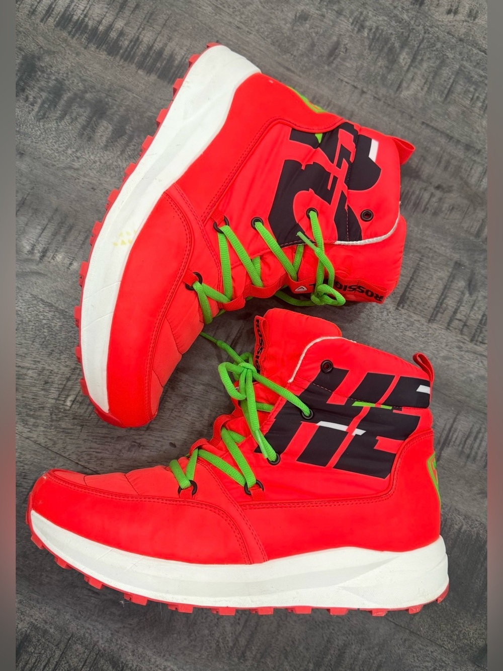 Rossignol MEN’S Neon Red High-Top Boots with Lime Green Laces